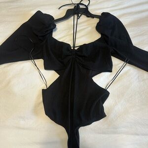 ASTR Black Tie Neck Longsleeve Bodysuit with Cutouts